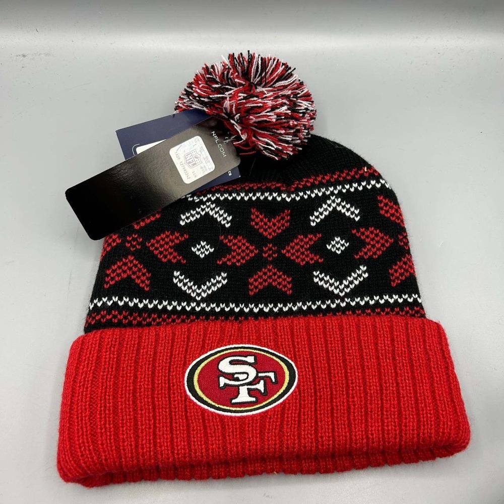San Francisco 49ers NFL Hat Men Red Black Fanatics Cuffed Beanie Pom Pom Cap New